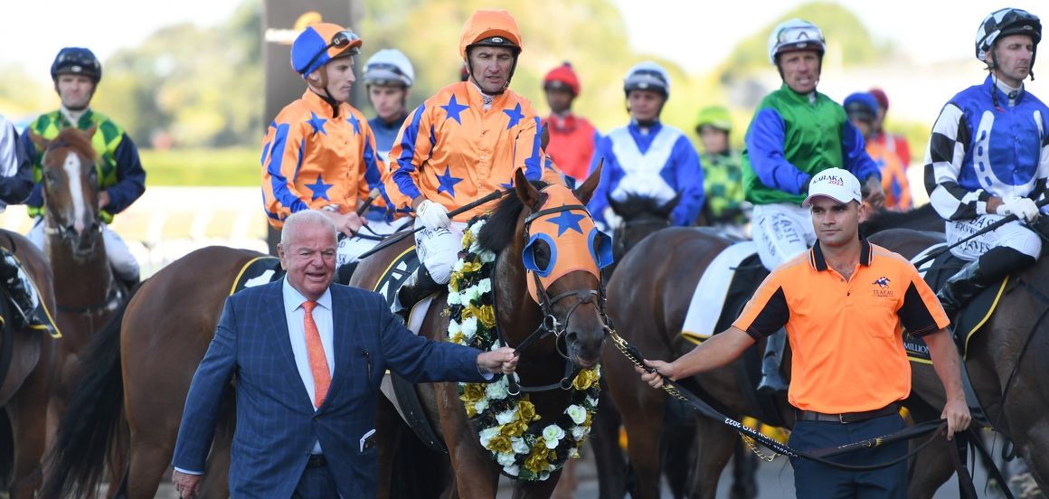 Te Akau supremo David Ellis and strapper Liam Cunningham escort Karaka Million 2YO winner Dynastic a